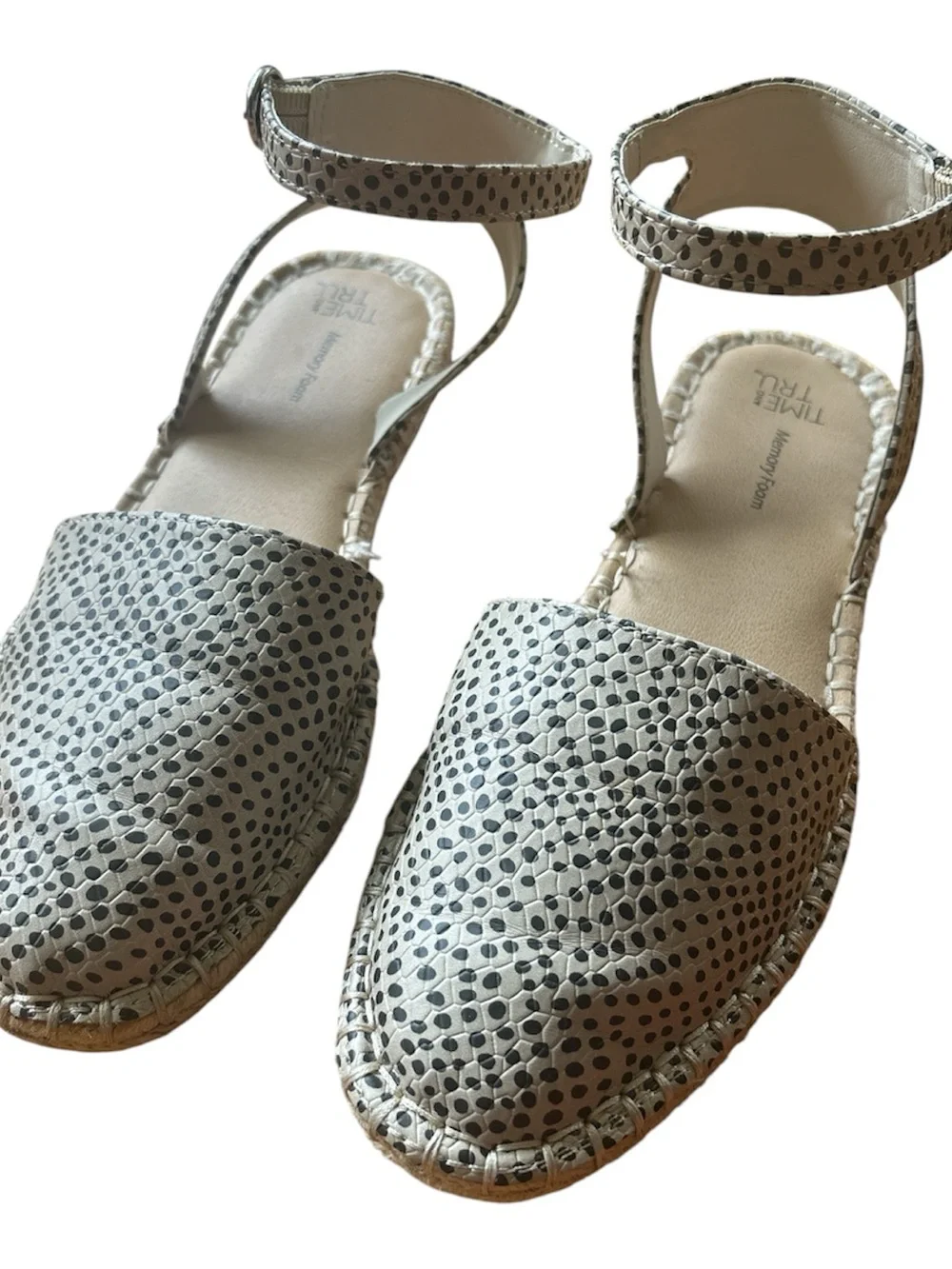 Time and Tru Cream Espadrille Flats with Black Dot Print and Ankle Strap
